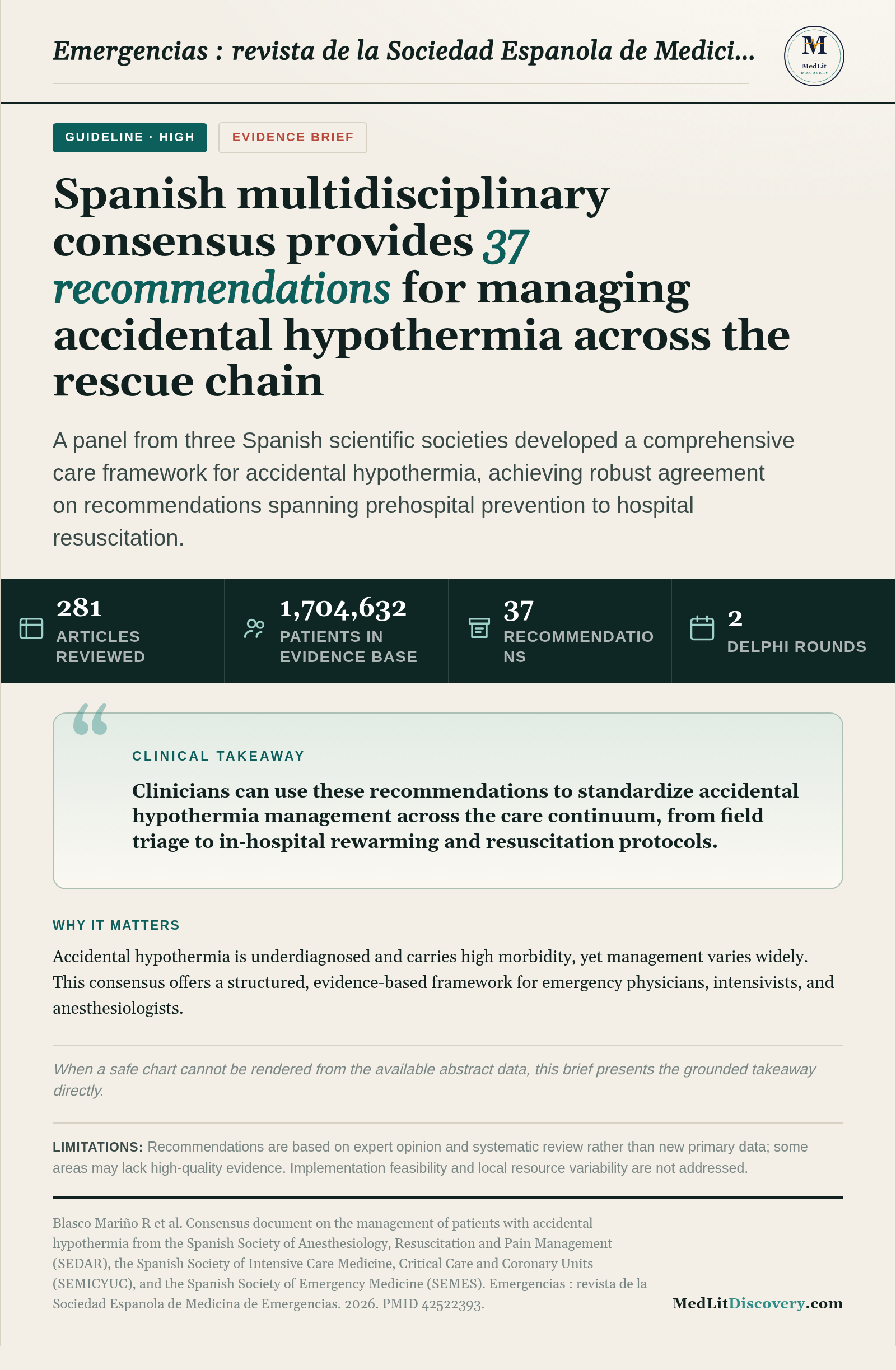 Infographic summary of Consensus document on the management of patients with accidental hypothermia from the Spanish Society of Anesthesiology, Resuscitation and Pain Management (SEDAR), the Spanish Society of Intensive Care Medicine, Critical Care and Coronary Units (SEMICYUC), and the Spanish Society of Emergency Medicine (SEMES).