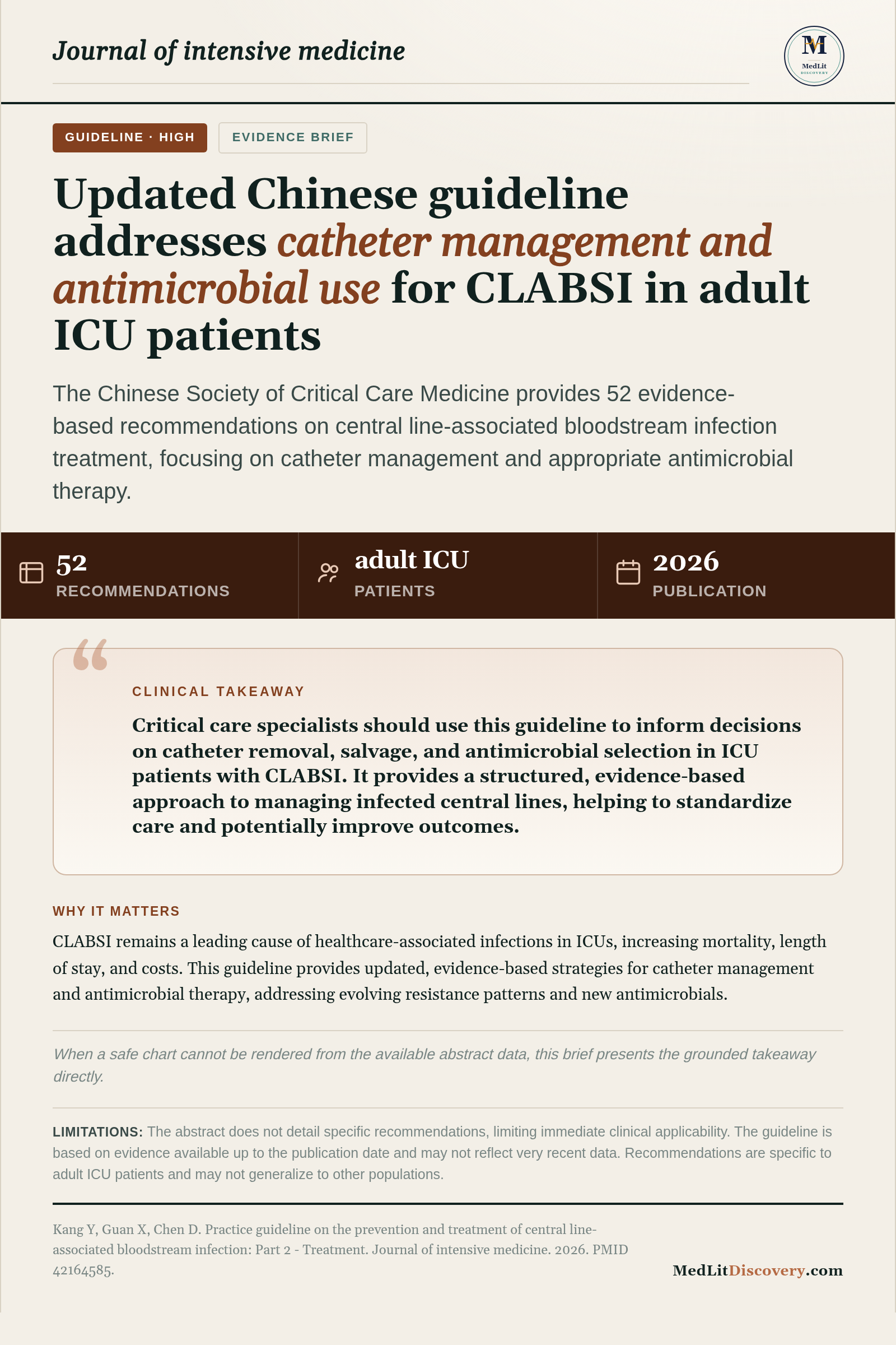 Infographic summary of Practice guideline on the prevention and treatment of central line-associated bloodstream infection: Part 2 - Treatment.
