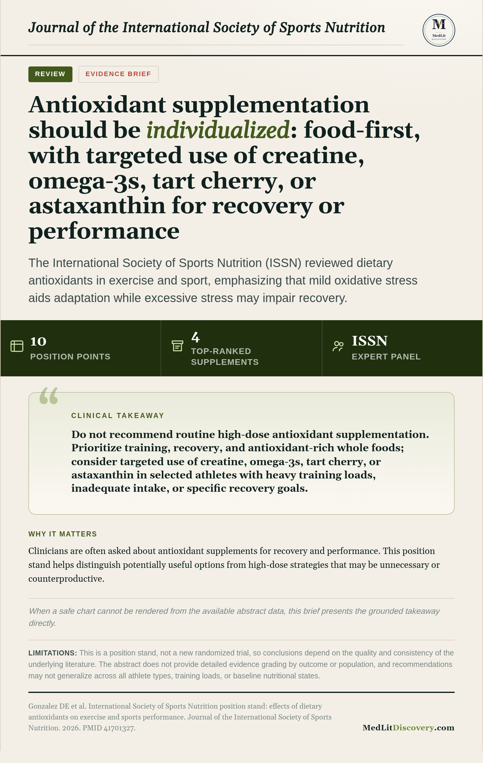 Infographic summary of International Society of Sports Nutrition position stand: effects of dietary antioxidants on exercise and sports performance.