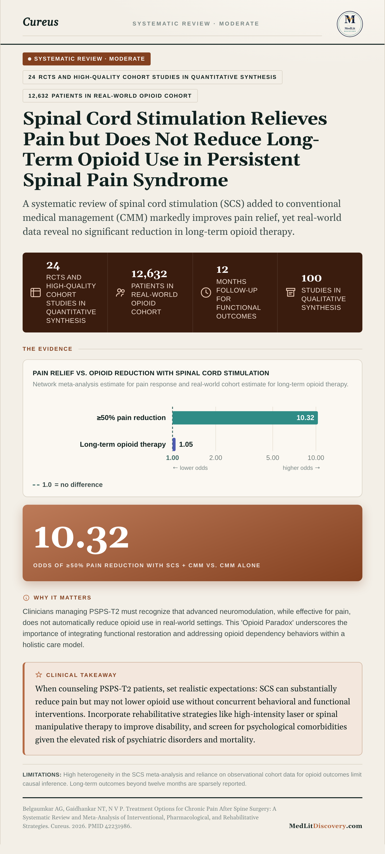 Infographic summary of Treatment Options for Chronic Pain After Spine Surgery: A Systematic Review and Meta-Analysis of Interventional, Pharmacological, and Rehabilitative Strategies.