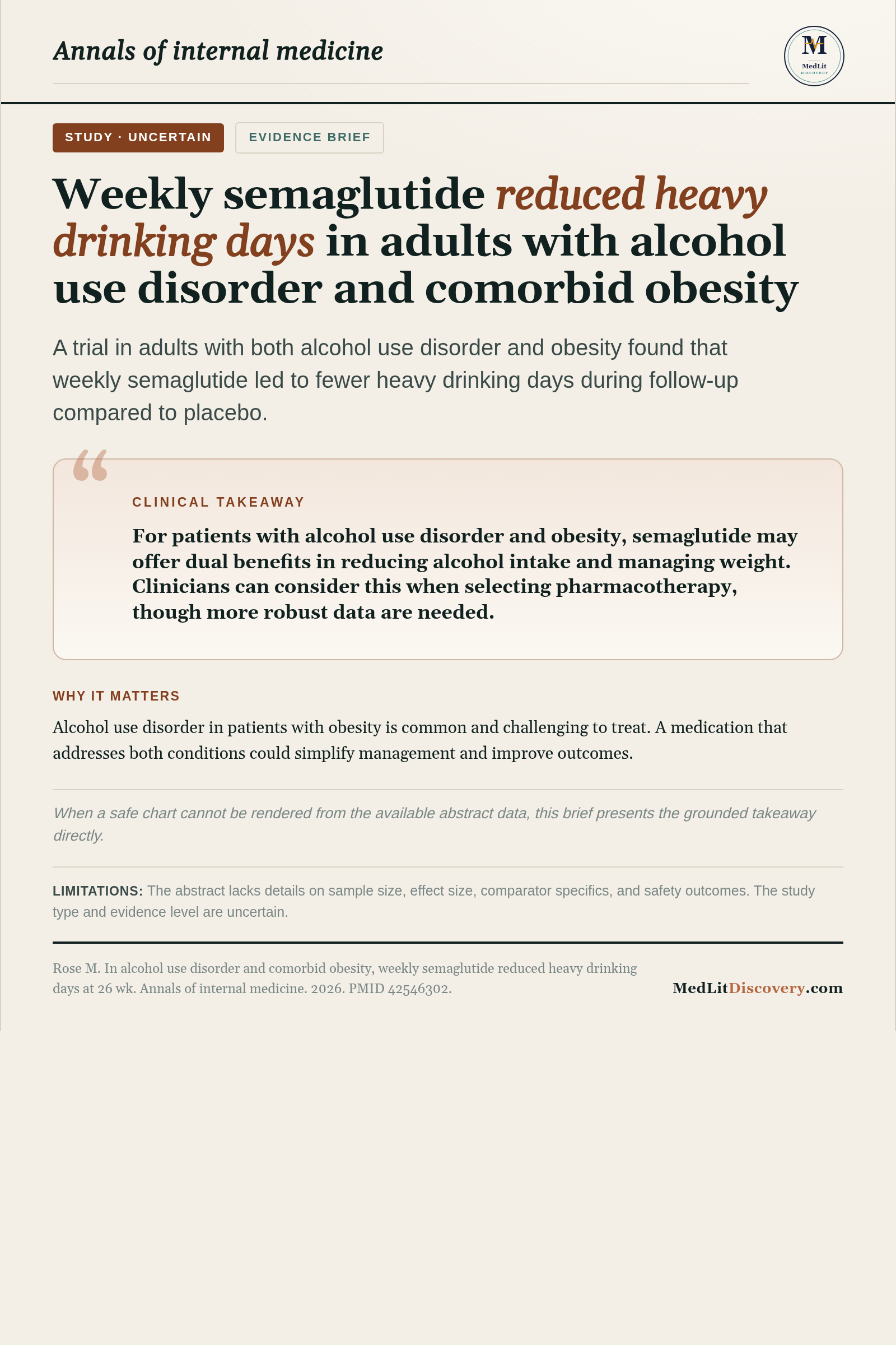 Infographic summary of In alcohol use disorder and comorbid obesity, weekly semaglutide reduced heavy drinking days at 26 wk.