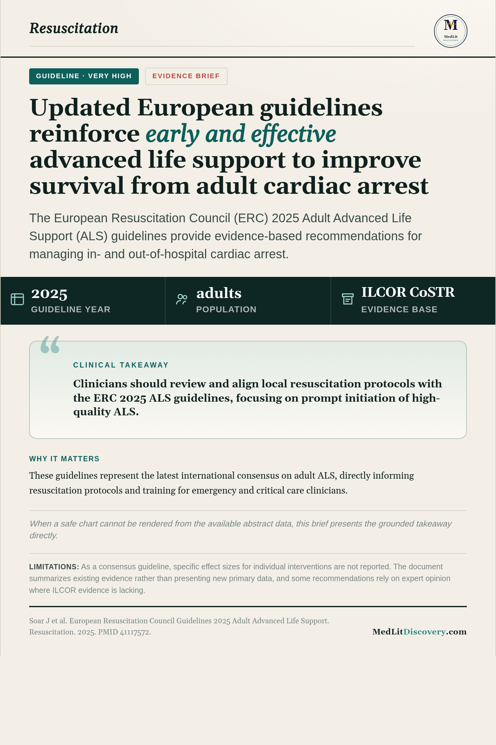 Infographic summary of European Resuscitation Council Guidelines 2025 Adult Advanced Life Support.