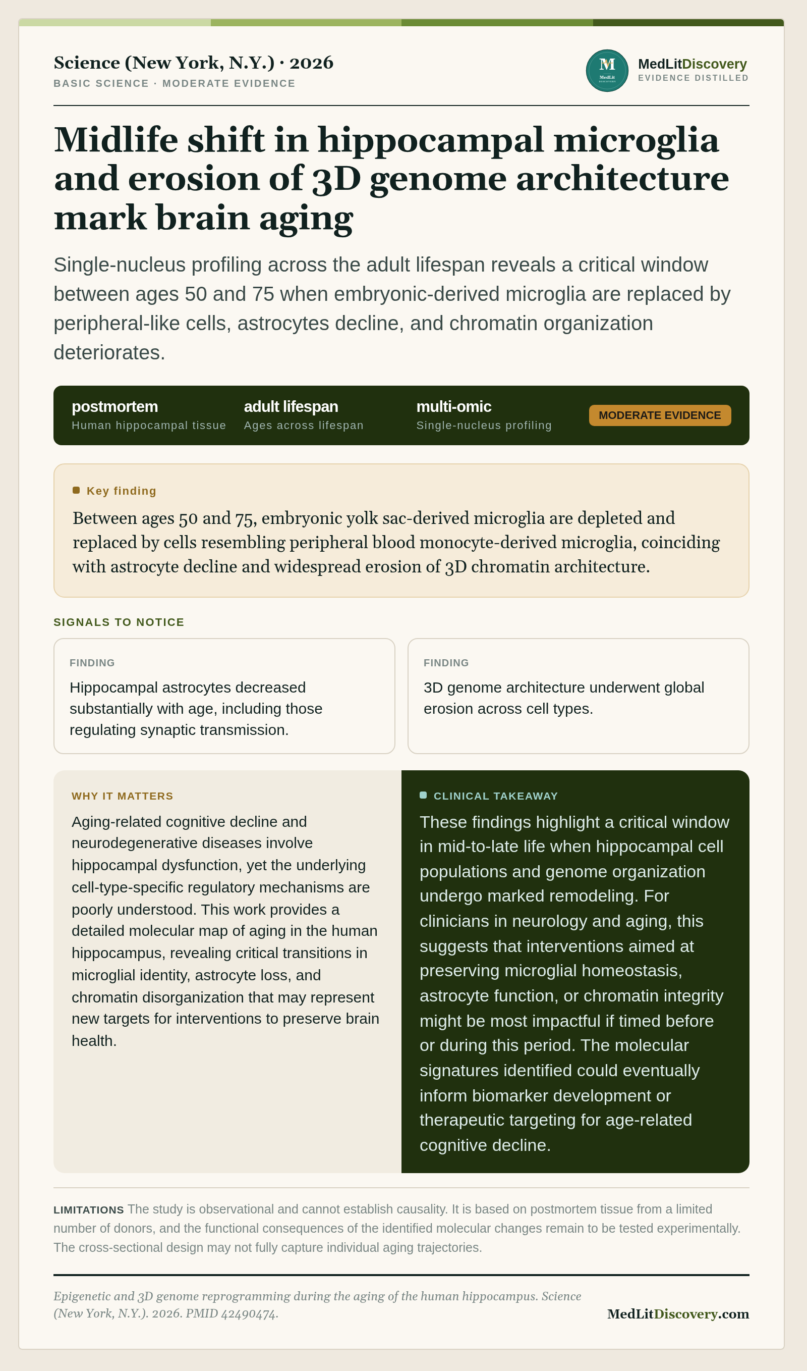 Infographic summary of Epigenetic and 3D genome reprogramming during the aging of the human hippocampus.