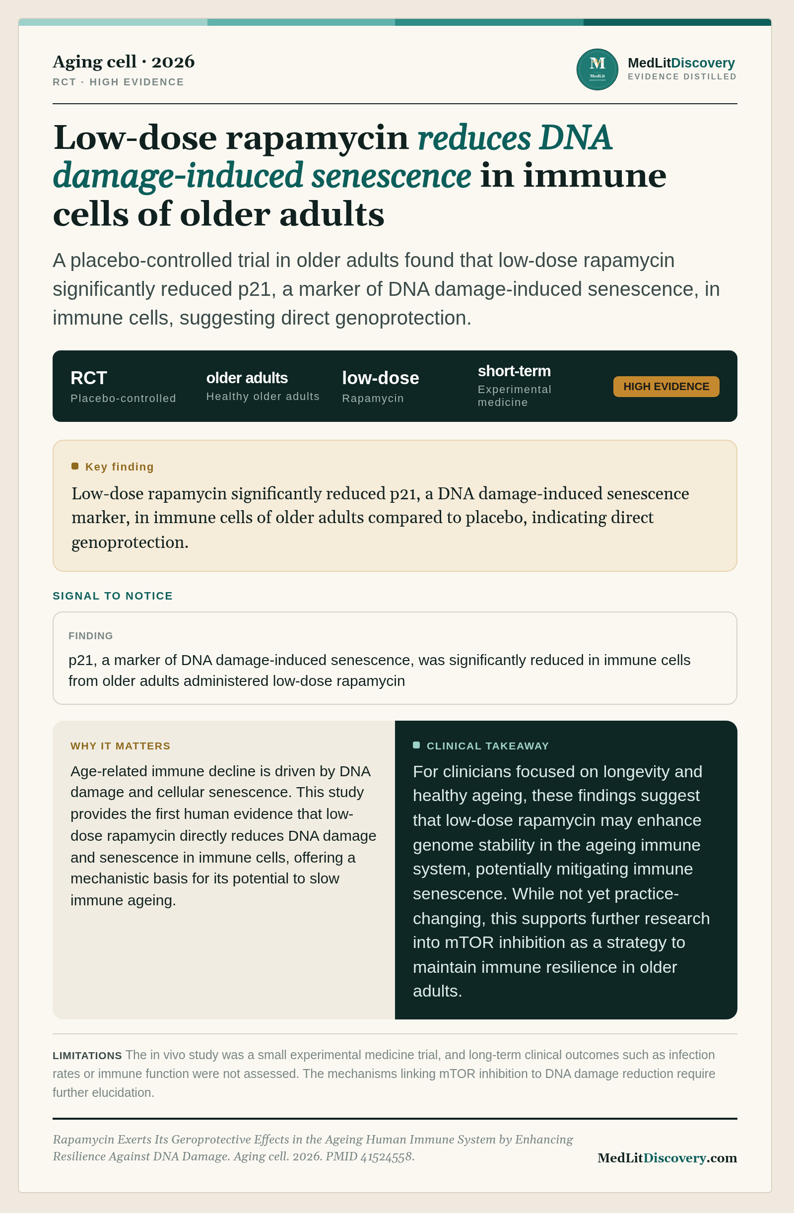 Infographic summary of Rapamycin Exerts Its Geroprotective Effects in the Ageing Human Immune System by Enhancing Resilience Against DNA Damage.