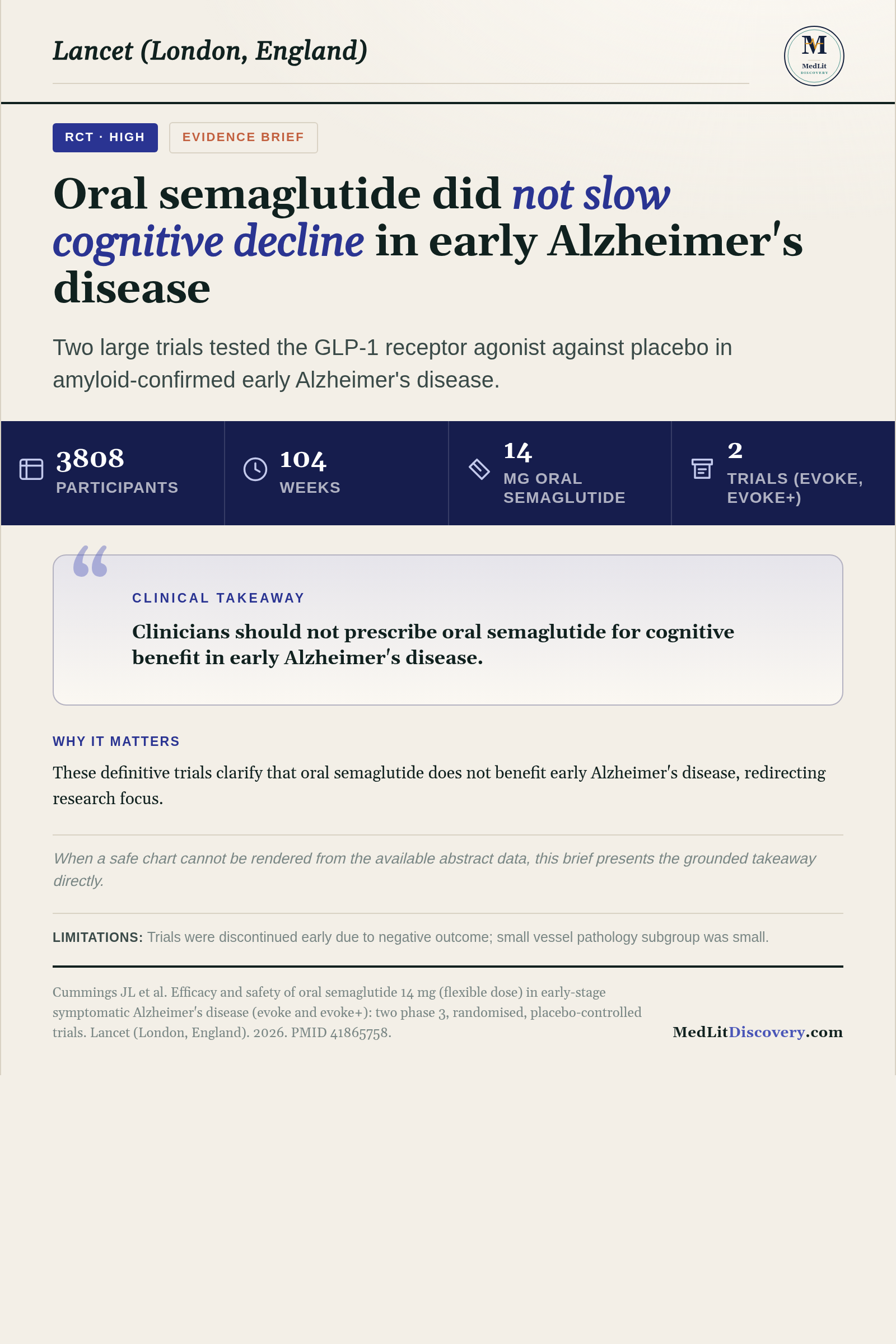 Infographic summary of Efficacy and safety of oral semaglutide 14 mg (flexible dose) in early-stage symptomatic Alzheimer's disease (evoke and evoke+): two phase 3, randomised, placebo-controlled trials.
