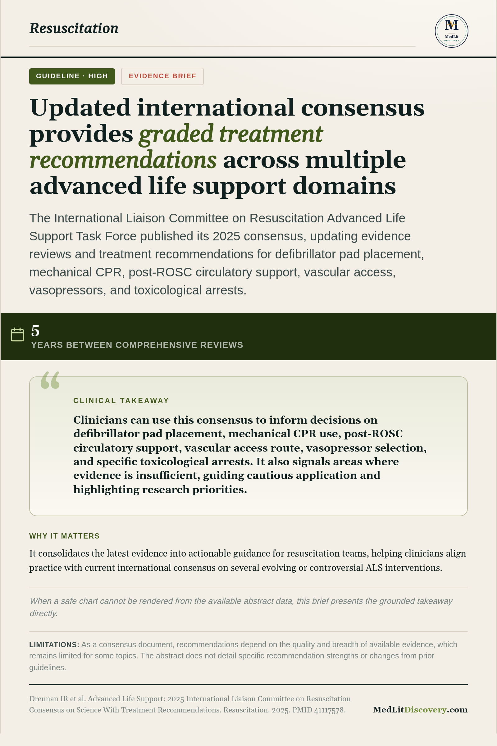 Infographic summary of Advanced Life Support: 2025 International Liaison Committee on Resuscitation Consensus on Science With Treatment Recommendations.