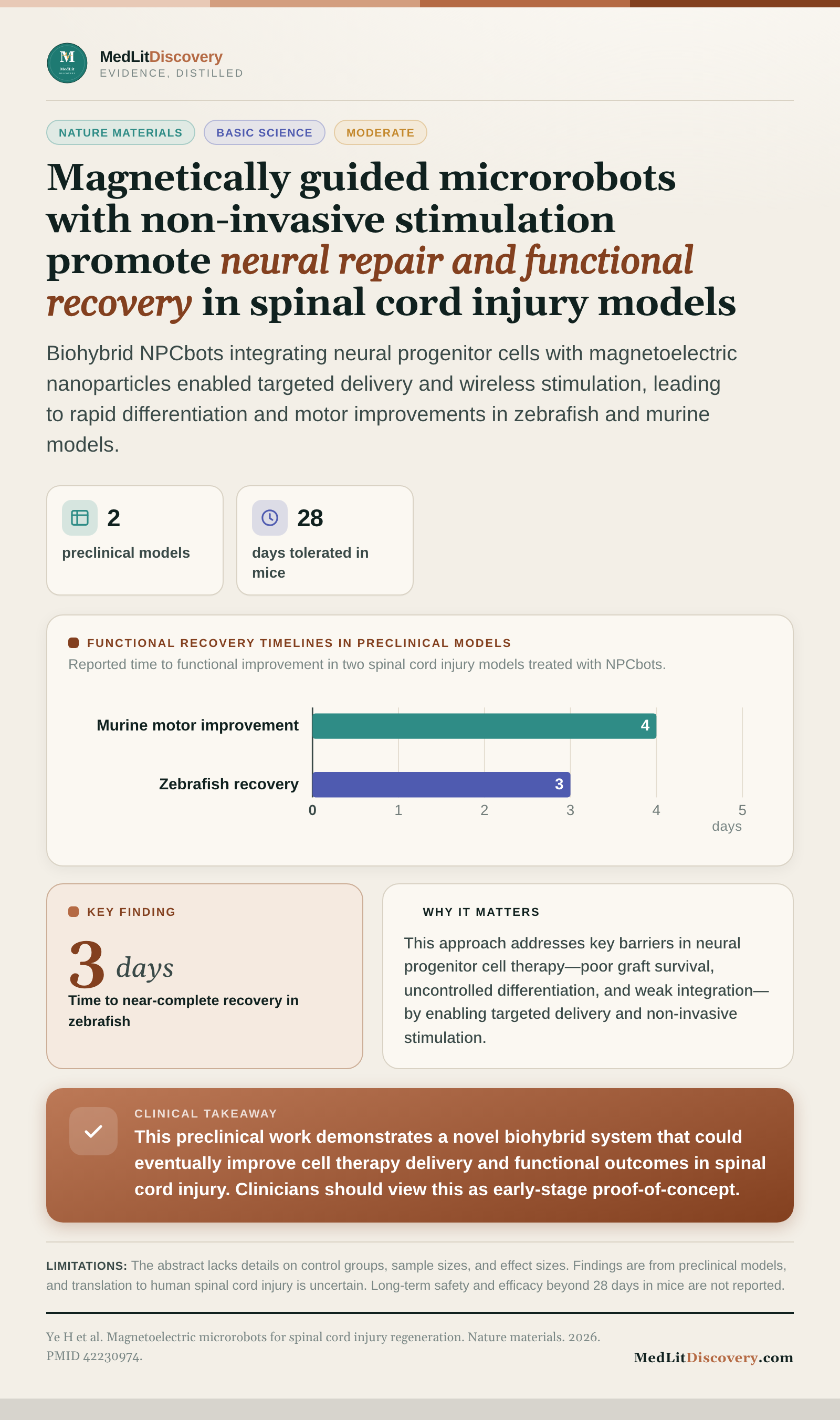 Infographic summary of Magnetoelectric microrobots for spinal cord injury regeneration.