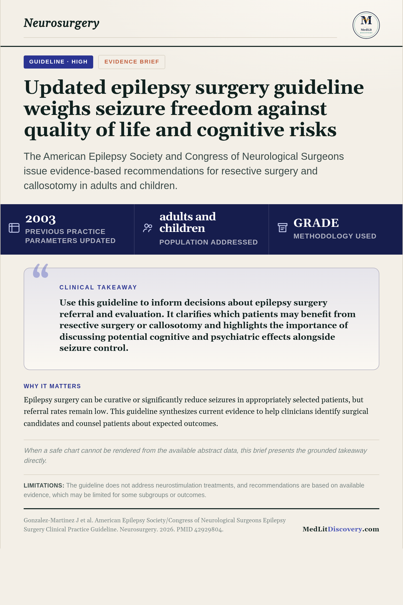 Infographic summary of American Epilepsy Society/Congress of Neurological Surgeons Epilepsy Surgery Clinical Practice Guideline.