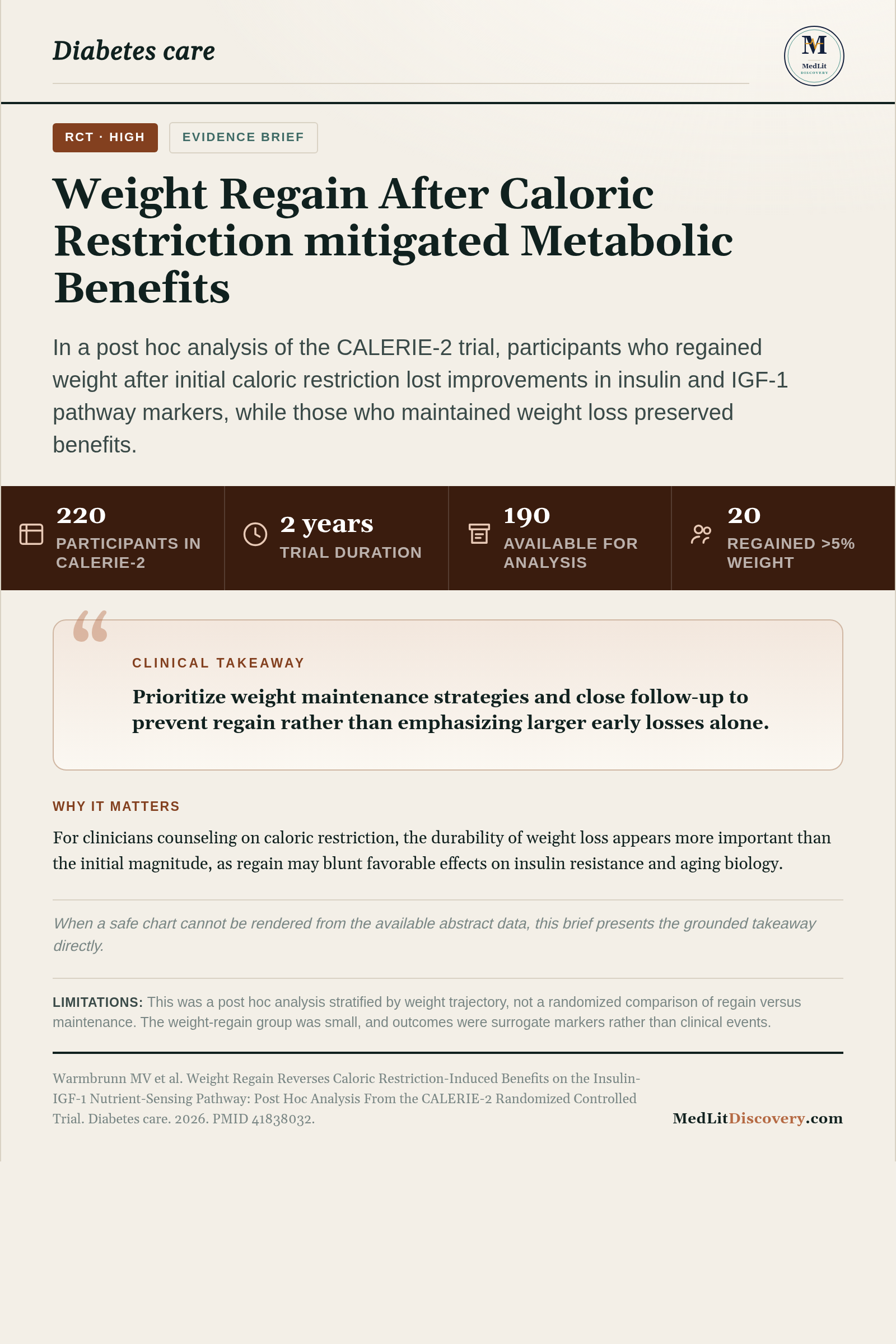 Infographic summary of Weight Regain Reverses Caloric Restriction-Induced Benefits on the Insulin-IGF-1 Nutrient-Sensing Pathway: Post Hoc Analysis From the CALERIE-2 Randomized Controlled Trial.