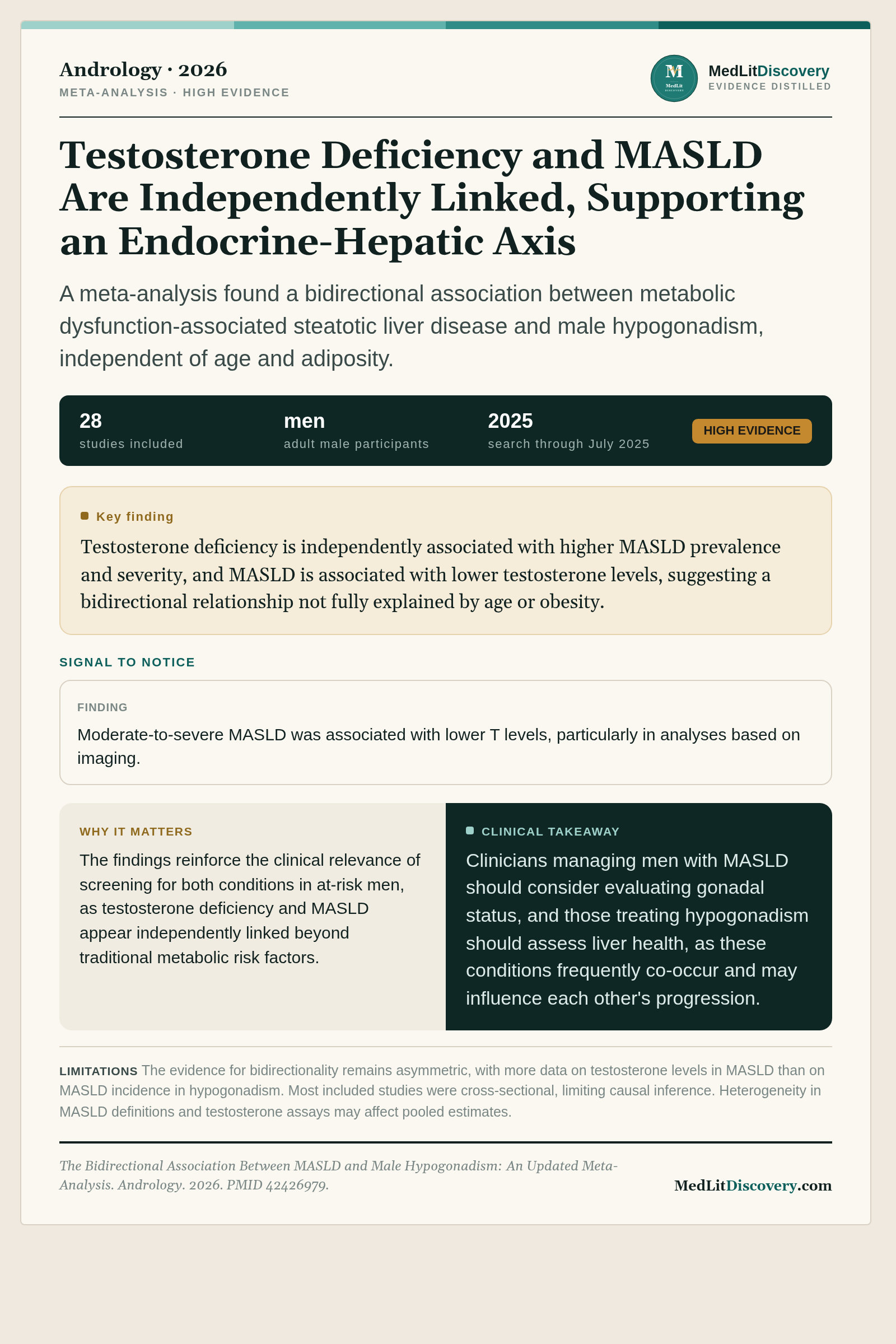 Infographic summary of The Bidirectional Association Between MASLD and Male Hypogonadism: An Updated Meta-Analysis.