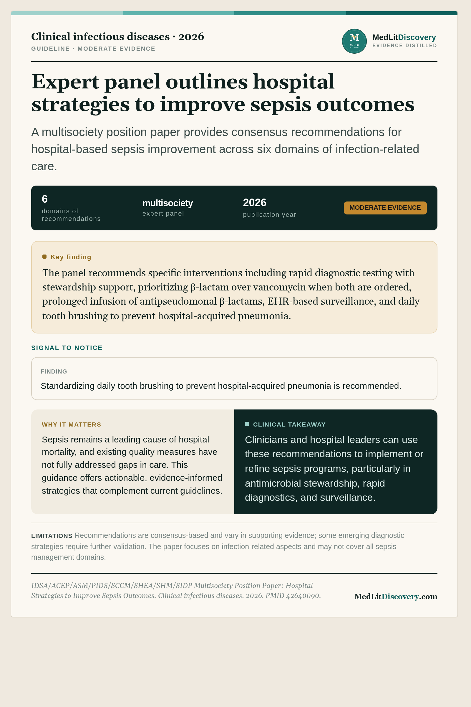 Infographic summary of IDSA/ACEP/ASM/PIDS/SCCM/SHEA/SHM/SIDP Multisociety Position Paper: Hospital Strategies to Improve Sepsis Outcomes.