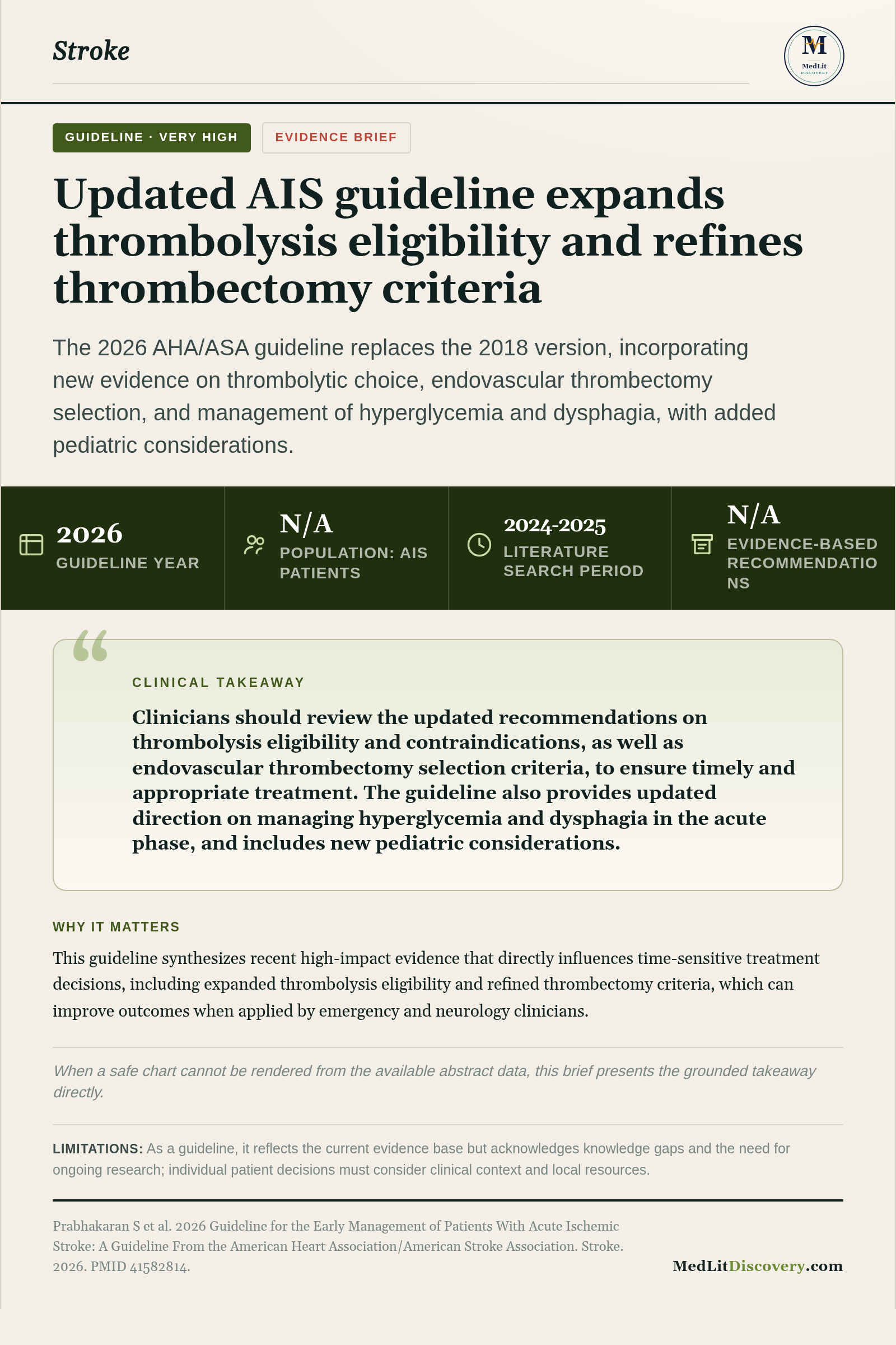 Infographic summary of 2026 Guideline for the Early Management of Patients With Acute Ischemic Stroke: A Guideline From the American Heart Association/American Stroke Association.