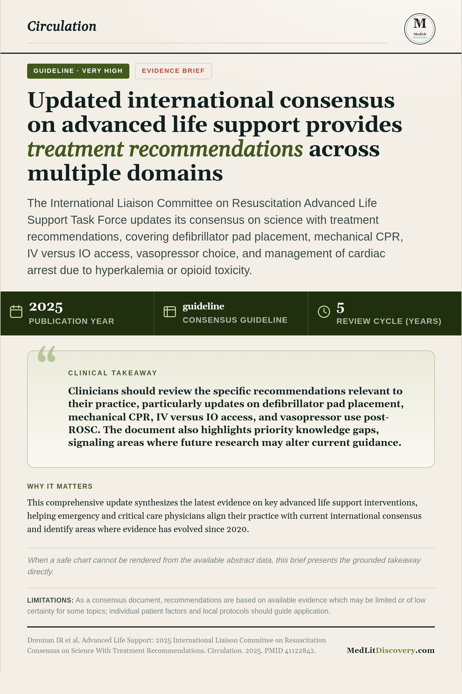Infographic summary of Advanced Life Support: 2025 International Liaison Committee on Resuscitation Consensus on Science With Treatment Recommendations.