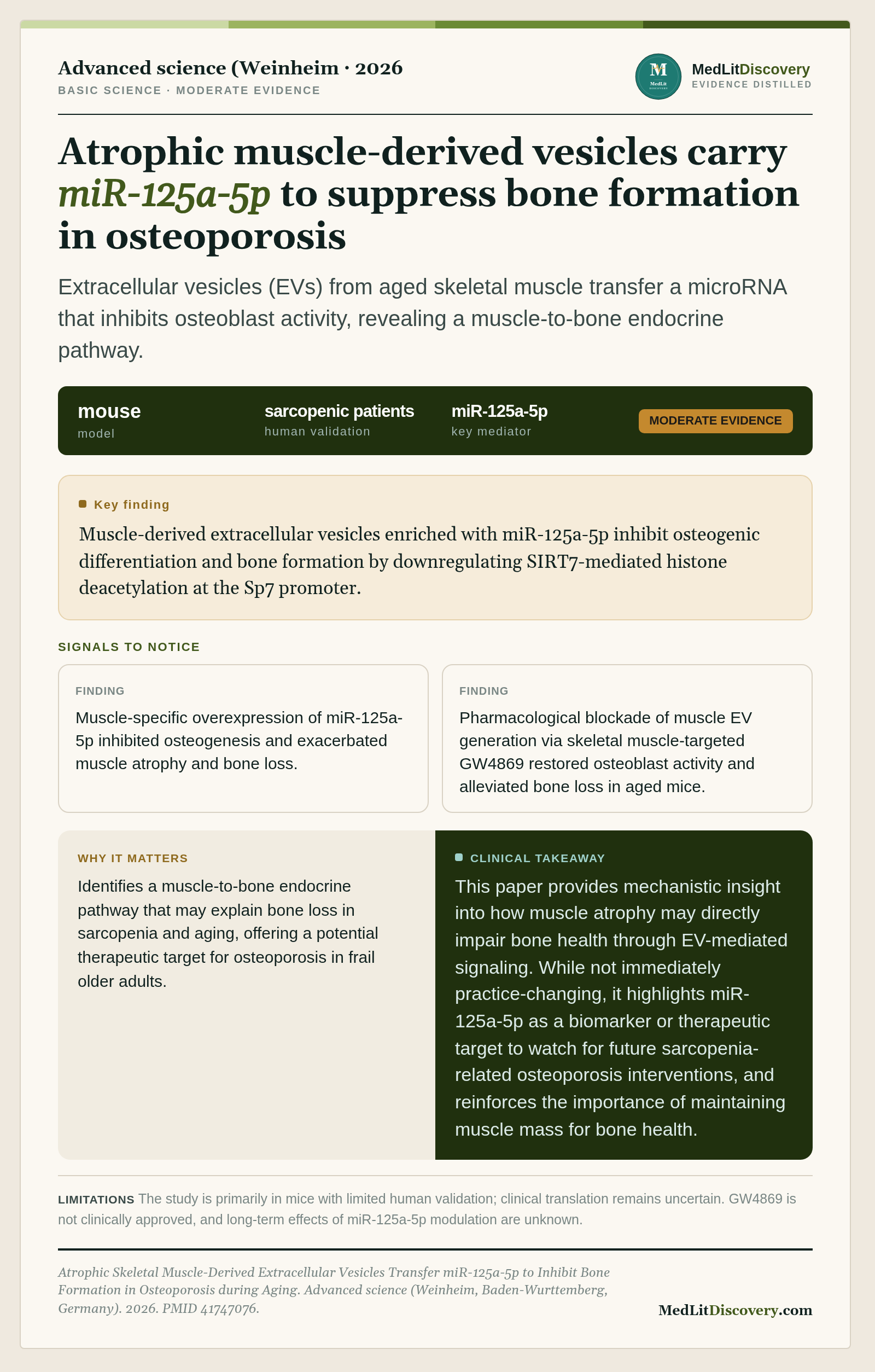 Infographic summary of Atrophic Skeletal Muscle-Derived Extracellular Vesicles Transfer miR-125a-5p to Inhibit Bone Formation in Osteoporosis during Aging.